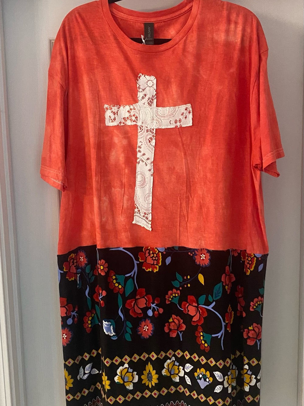 Women’s drop waist dress. Orange Cross Lace Tee with Floral skirt